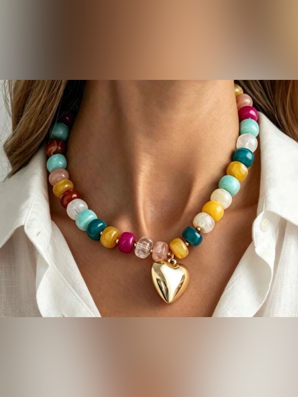 Boutique | Multicolor Beaded Necklace with Gold Heart Pendant